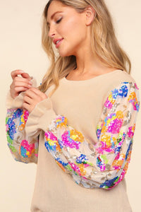 Haptics Floral Sequins Mesh Flounce Sleeve Sweater - 1985 THE VAULT