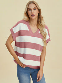 Double Take Full Size Striped V-Neck Short Sleeve Sweater - 1985 the VAULT Boutique