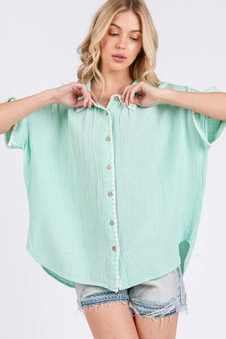 SAGE+FIG Boho Contrast Zigzag Trim Gauze Button-Up Shirt - 1985 the VAULT Boutique