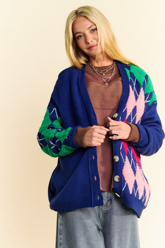 Davi & Dani Argyle V-Neck Dropped Shoulder Cardigan - 1985 the VAULT Boutique