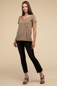 Basic Washed Melange Burnout Scoop V-Neck Top - 1985 the VAULT Boutique