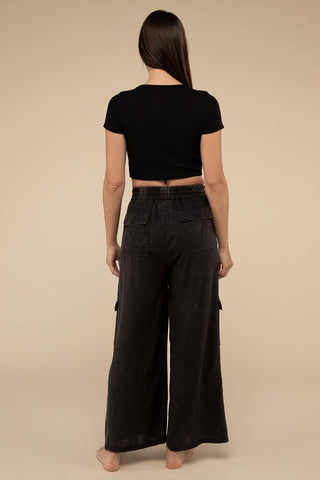 Washed Linen Elastic Band Waist Cargo Pants - 1985 the VAULT Boutique