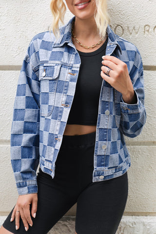 Checkered Button Up Long Sleeve Denim Jacket - 1985 the VAULT Boutique