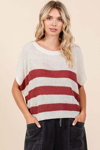 Mittoshop Contrast Striped Round Neck Short Sleeve Sweater - 1985 the VAULT Boutique