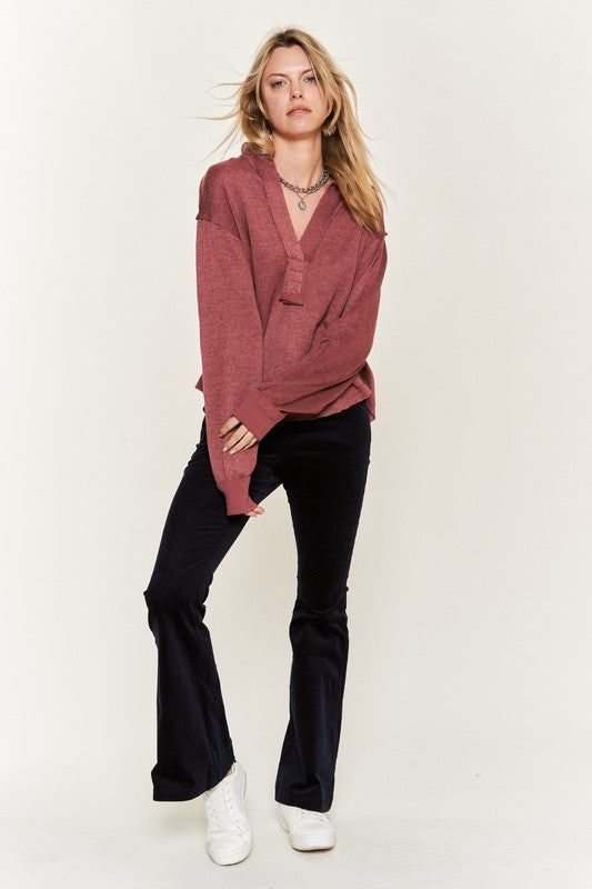 Deep V-neck Collared Long Sleeve Knit Top - 1985 the VAULT Boutique