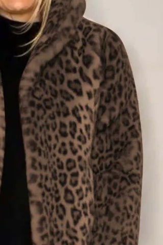 Full Size Leopard Furry Collared Neck Long Sleeve Coat - 1985 the VAULT Boutique