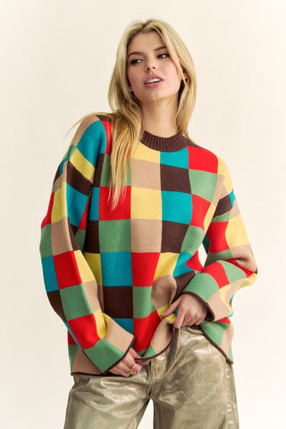 Davi & Dani Color Block Checkered Dropped Shoulder Sweater - 1985 the VAULT Boutique