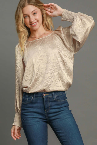 Umgee Wrinkled Round Neck Lantern Sleeve Blouse - 1985 the VAULT Boutique