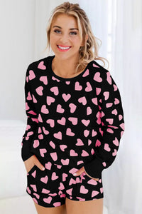 Heart Print Long Sleeve Top and Shorts Lounge Set - 1985 the VAULT Boutique