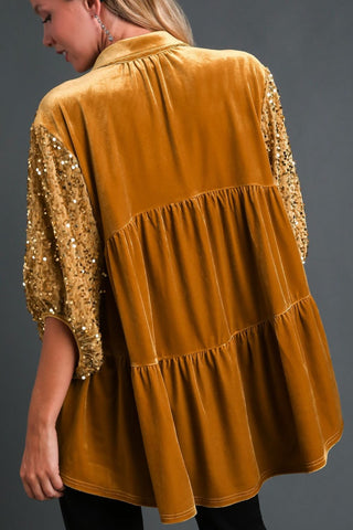 Umgee Sequin Detail Tiered Back Half Sleeve Shirt - 1985 the VAULT Boutique