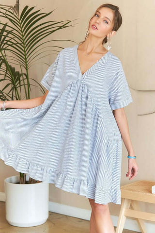 ADORA Ruffled Hem Striped V-Neck Babydoll Dress - 1985 the VAULT Boutique