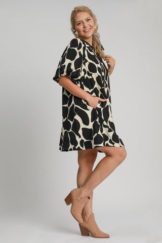 Umgee Full Size Two Tone Abstract Print Puff Sleeve Dress Plus Size - 1985 the VAULT Boutique