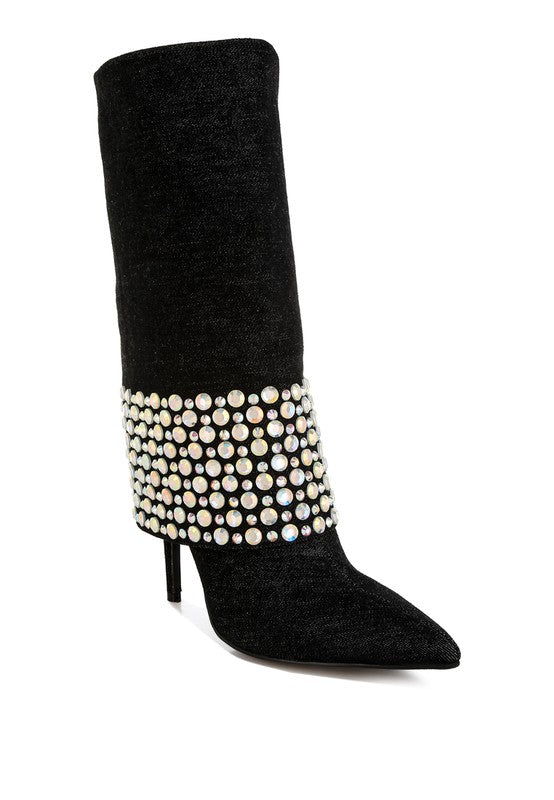 Mike Drop Diamante & Rhinestones Denim Boots - 1985 the VAULT Boutique