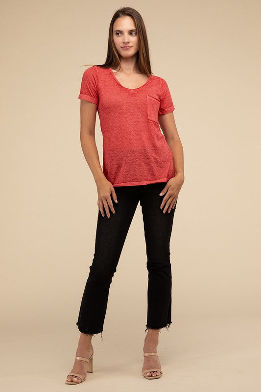 Basic Washed Melange Burnout Scoop V-Neck Top - 1985 the VAULT Boutique