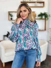 Double Take Full Size Printed Smocked Long Sleeve Blouse - 1985 THE VAULT