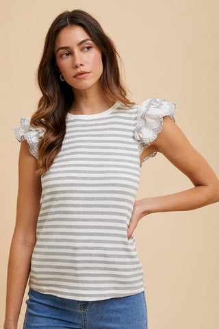 Annie Wear Ruffled Striped Round Neck Cap Sleeve Knit Top - 1985 the VAULT Boutique