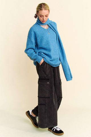 Davi & Dani V-Neck Dropped Shoulder Sweater with Scarf - 1985 the VAULT Boutique