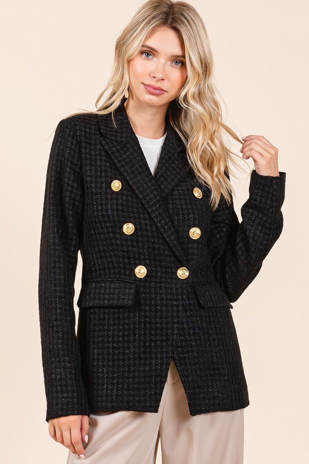 Mittoshop Plaid Texture Double-Breasted Long Sleeve Blazer - 1985 the VAULT Boutique