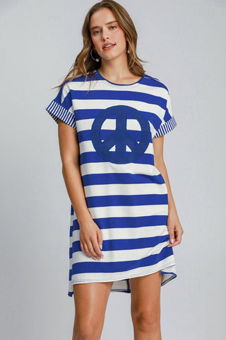 Umgee Peace Applique Striped Short Sleeve Mini Dress - 1985 the VAULT Boutique