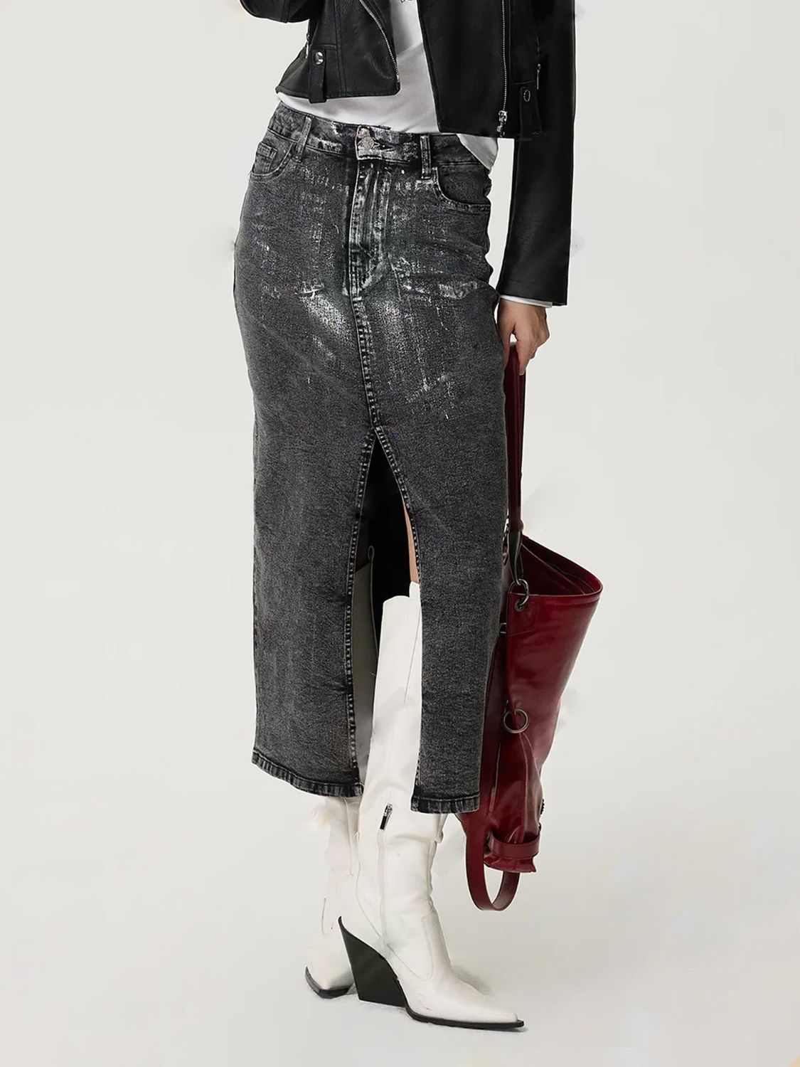 Slit Midi Denim Skirt with Pockets - 1985 the VAULT Boutique