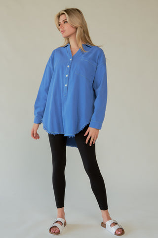 Davi & Dani Letter Back Raw Hem Half Button Shirt - 1985 the VAULT Boutique