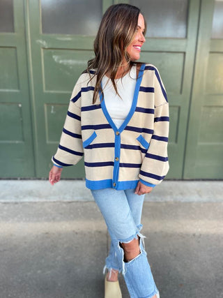 Contrast Trim Cardigan in Navy Stripe - 1985 the VAULT Boutique