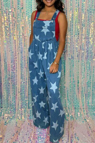 Star Print Buttoned Strap Wide Leg Denim Overalls - 1985 the VAULT Boutique