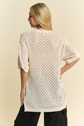 Davi & Dani Side Slit Openwork Round Neck Half Sleeve Knit Cover Up - 1985 the VAULT Boutique