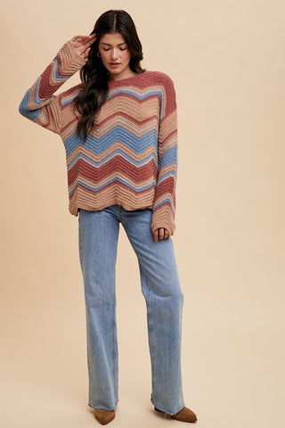 Annie Wear Multi Color Zig-Zag Round Neck Sweater - 1985 the VAULT Boutique