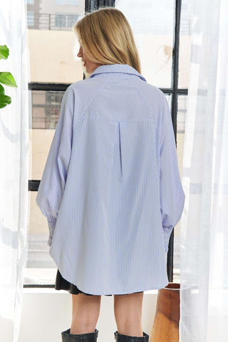 ADORA High-Low Striped Button Down Smocked Lantern Sleeve Shirt - 1985 the VAULT Boutique