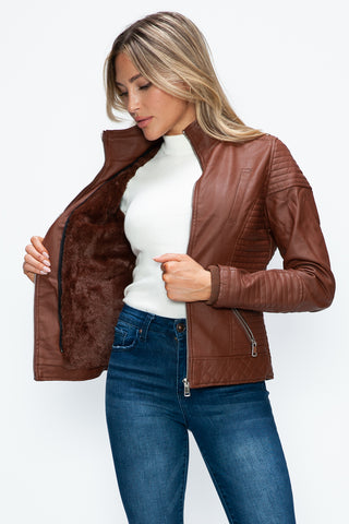 YMI Faux Layered Double-Zipper Jacket with Fuzzy Hood - 1985 the VAULT Boutique