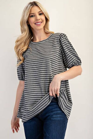 Celeste Full Size Gingham Print Top With Puff Sleeves Plus Size - 1985 the VAULT Boutique