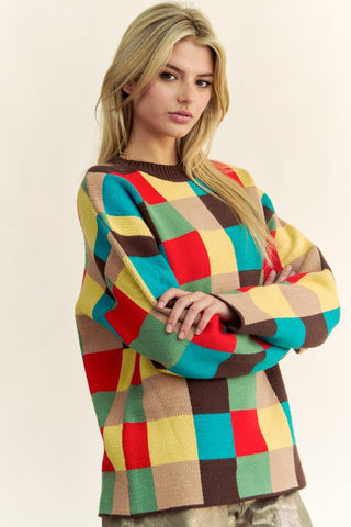 Davi & Dani Color Block Checkered Dropped Shoulder Sweater - 1985 the VAULT Boutique