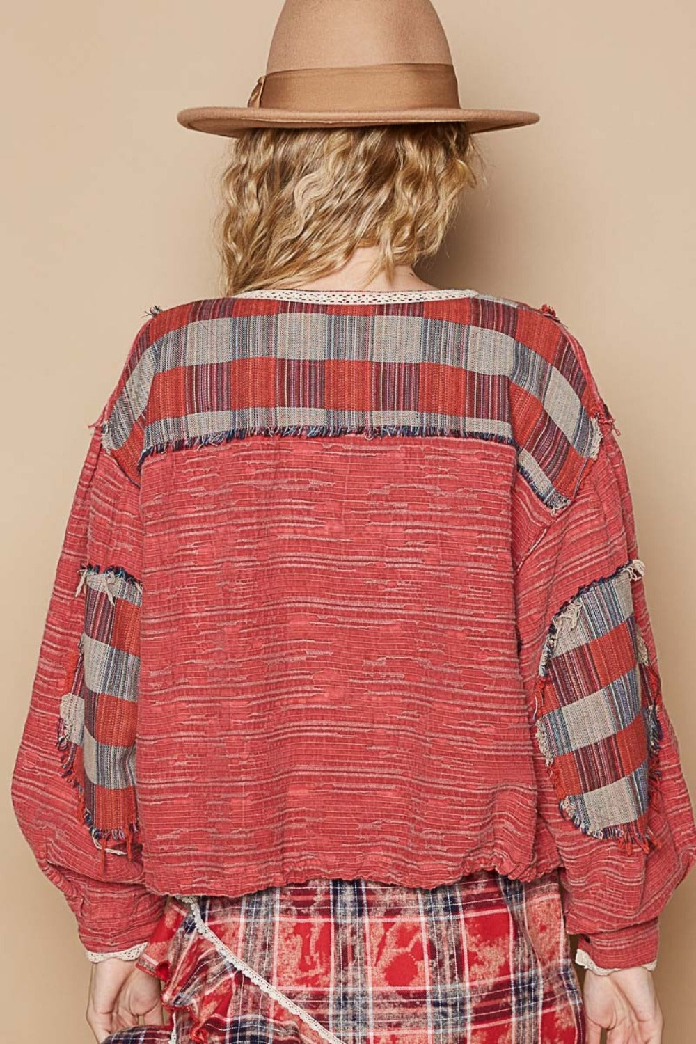 POL Round Neck Long Sleeve Plaid Shirt - 1985 the VAULT Boutique