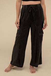 Washed Linen Elastic Band Waist Cargo Pants - 1985 the VAULT Boutique