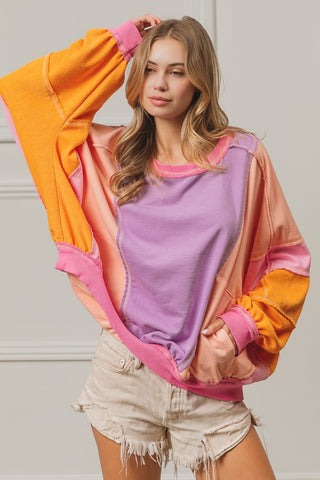 BiBi Color Block Exposed Seam Sweatshirt with Pockets - 1985 the VAULT Boutique