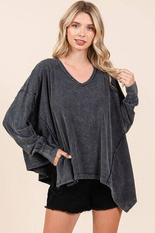 Mittoshop Mineral Wash V-Neck Long Sleeve Oversized Top - 1985 the VAULT Boutique