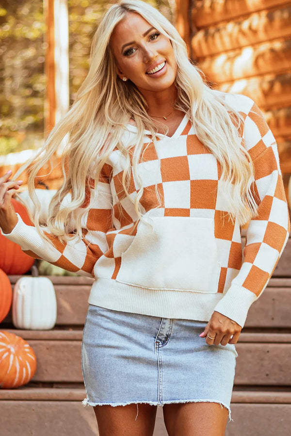 Checkered Long Sleeve Hooded Sweater - 1985 the VAULT Boutique