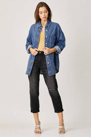 RISEN Button Up Drop Shoulder Denim Shacket - 1985 the VAULT Boutique