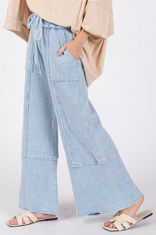 SAGE + FIG Waffle Textured Wide Leg Mineral Washed Pants - 1985 the VAULT Boutique