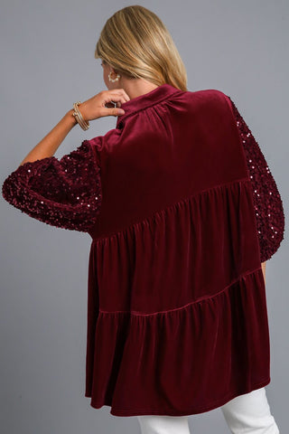 Umgee Sequin Detail Tiered Back Half Sleeve Shirt - 1985 the VAULT Boutique