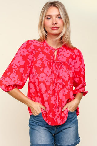 Haptics Full Size Ribbon Bow Floral Balloon Sleeve Blouse - 1985 the VAULT Boutique