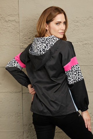 Double Take Leopard Color Block Zip-Up Hooded Jacket - 1985 the VAULT Boutique