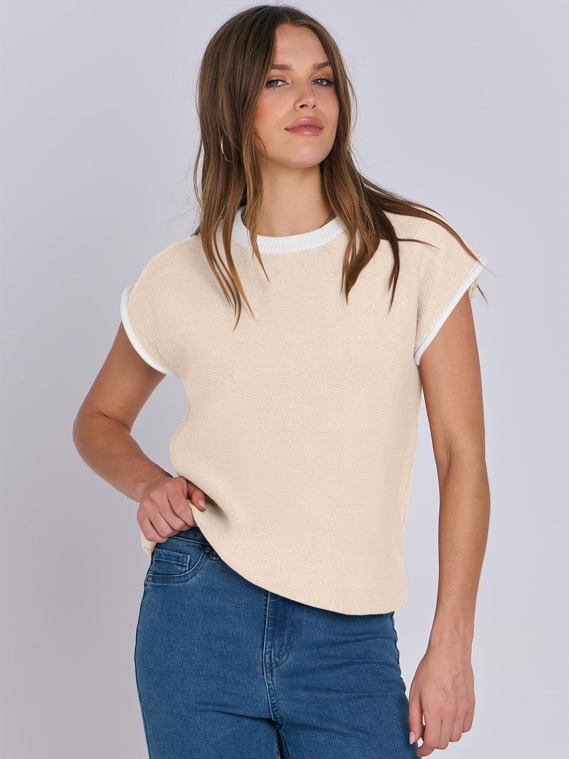 Mandy Contrast Round Neck Cap Sleeve Sweater - 1985 the VAULT Boutique