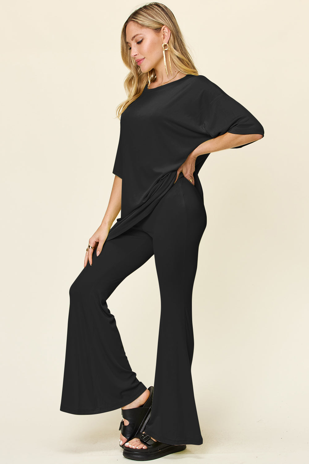 Double Take Full Size Round Neck Drop Shoulder T-Shirt and Flare Pants Set - 1985 the VAULT Boutique