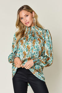 Double Take Full Size Printed Smocked Long Sleeve Blouse - 1985 THE VAULT