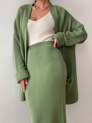 Pocketed Long Sleeve Cardigan and Skirt Sweater Set - 1985 the VAULT Boutique