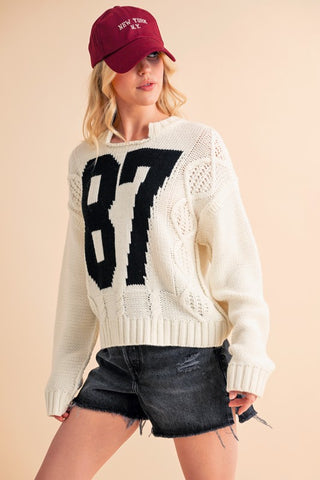 Aemi+Co Contrast Number Cable Knit Drop Shoulder Sweater - 1985 the VAULT Boutique