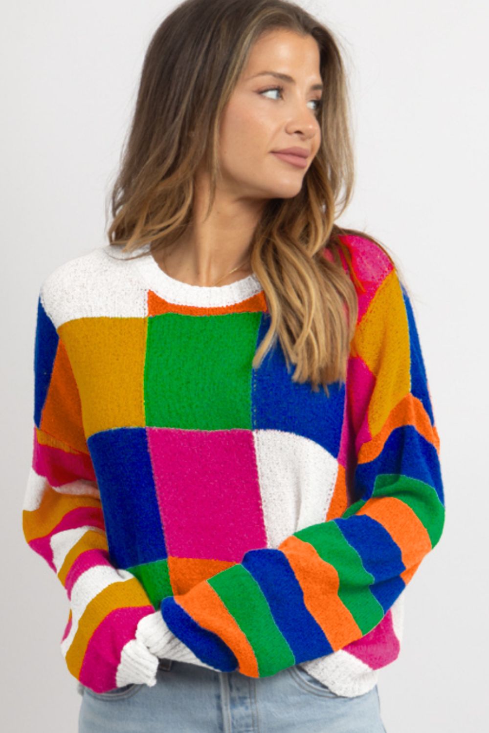 Color Block Round Neck Long Sleeve Sweater - 1985 the VAULT Boutique