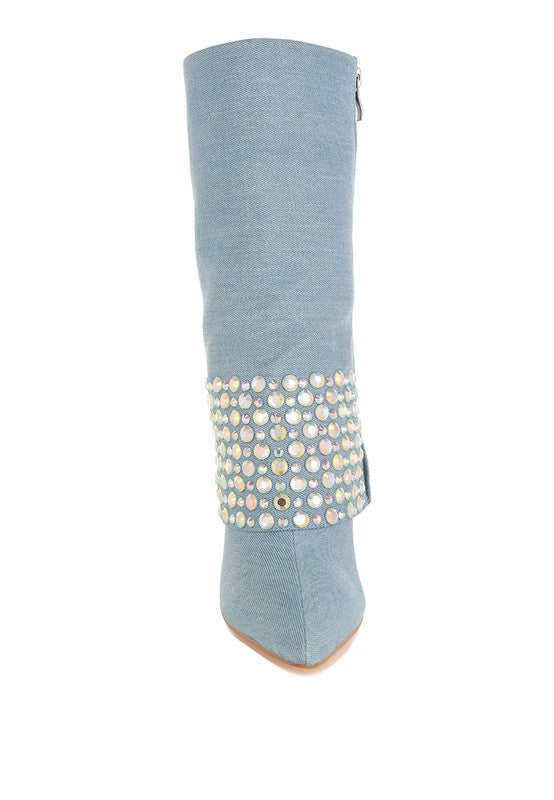 Mike Drop Diamante & Rhinestones Denim Boots - 1985 the VAULT Boutique